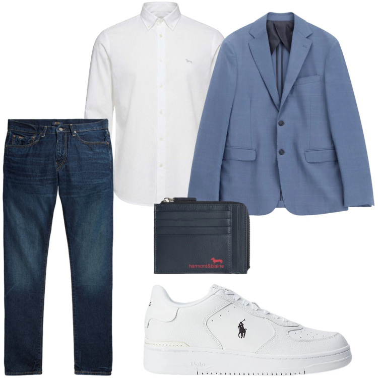 Outfit uomo - Blazer classico. Stile Trendy per Ufficio. Abbinamento con giacche, portamonete, camicie, sneakers, jeans.