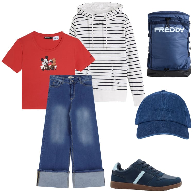Outfit donna - Pic nic in compagnia. Stile Casual per Sport. Abbinamento con felpe con cappuccio, sneakers, jeans dritti, t-shirt, cappelli con visiera, zaini.