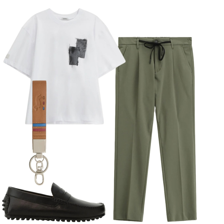 Outfit uomo - Total look #2398243. Stile Urban per Tutti i giorni. Abbinamento con scarpe stringate, pantaloni, t-shirt, portachiavi.