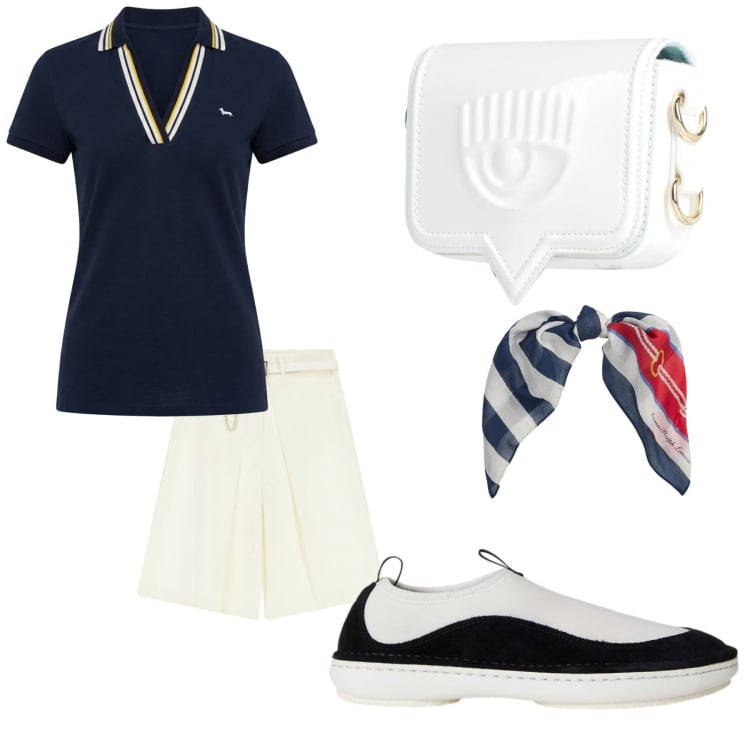 Outfit donna - Passeggiata lungomare. Stile Sporty chic per Mare. Abbinamento con marsupi, polo, bermuda, sneakers, foulard.