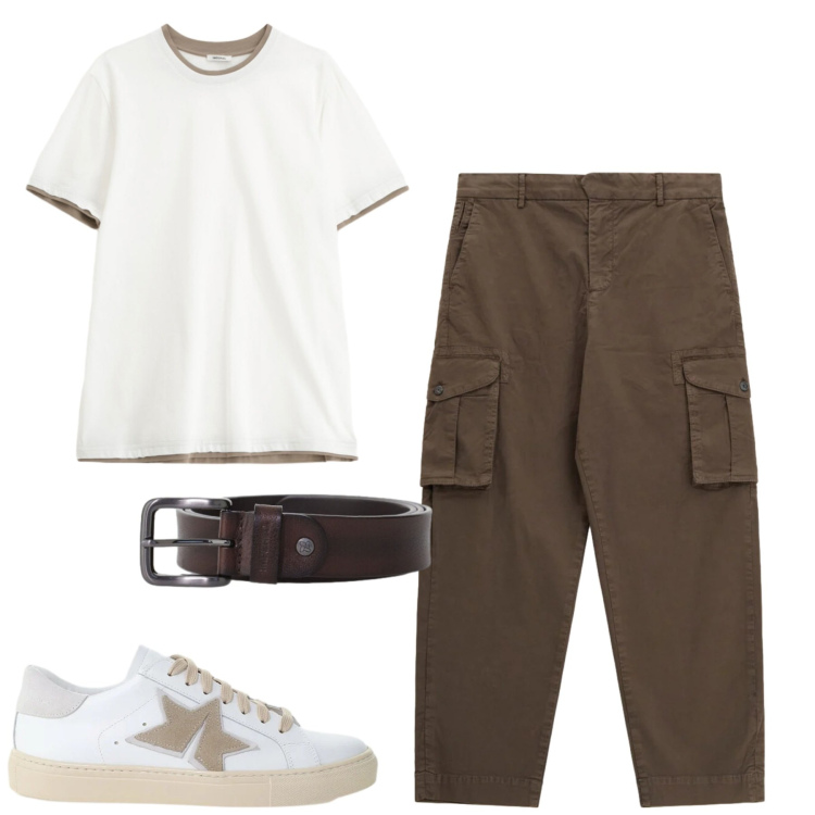 Outfit uomo - Maggio. Stile Casual per Tutti i giorni. Abbinamento con t-shirt, cinture, pantaloni cargo, sneakers.