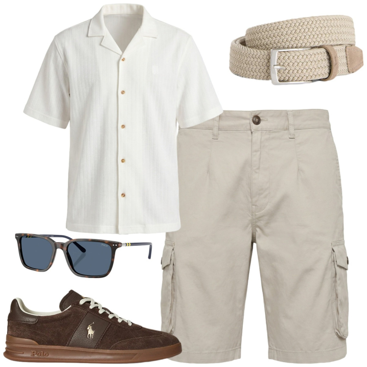 Outfit uomo - City. Stile Casual per Tutti i giorni. Abbinamento con cinture, camicie a manica corta, bermuda, sneakers, occhiali da sole.