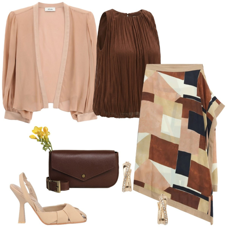 Outfit donna - Cerimonia. Stile Chic per Cerimonia. Abbinamento con décolleté, bluse, borse a tracolla, blazer, gonne longuette, orecchini.