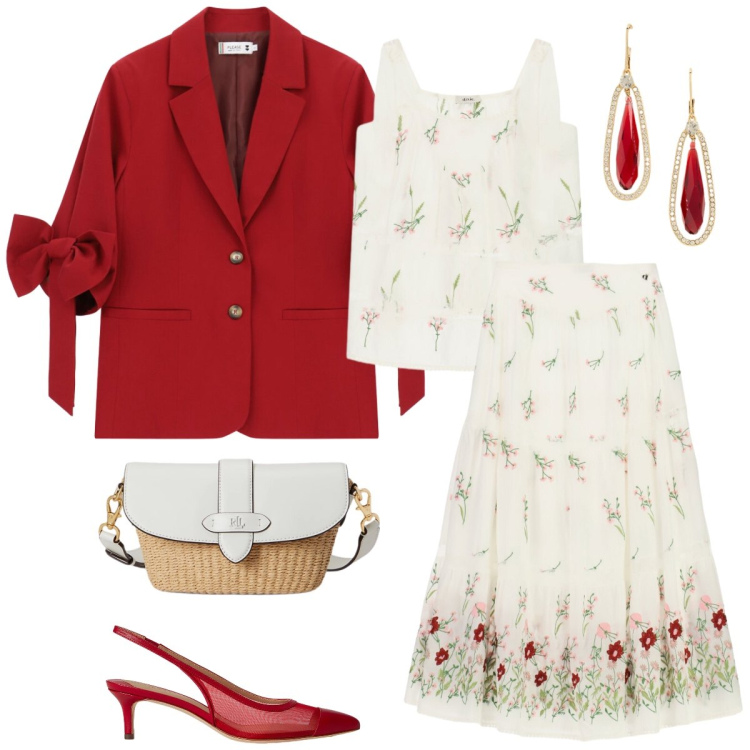 Outfit donna - Cerimonia. Stile Romantica per Cerimonia. Abbinamento con blazer, top, gonne lunghe, orecchini, décolleté, borse a spalla.