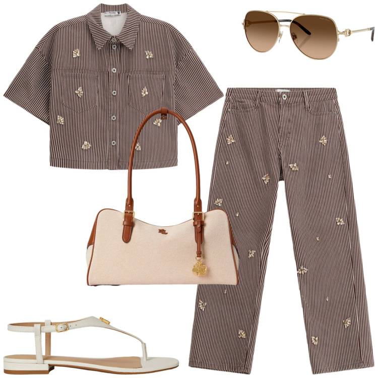 Outfit donna - Total look #2398278. Stile Urban per Tutti i giorni. Abbinamento con camicie a manica corta, pantaloni a palazzo, occhiali da sole, sandali in pelle, borse a mano.