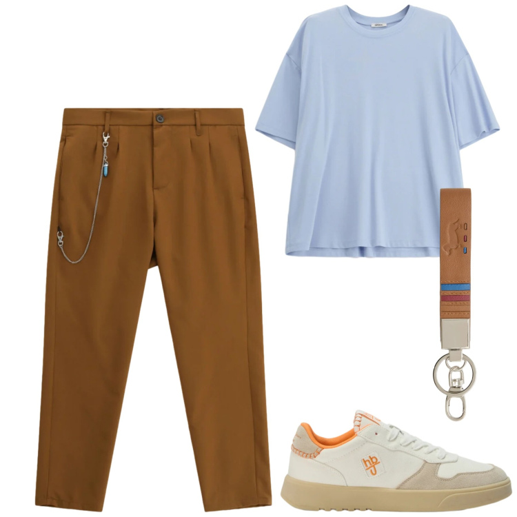 Outfit uomo - Maggio. Stile Casual per Tutti i giorni. Abbinamento con t-shirt, pantaloni, portachiavi, sneakers.
