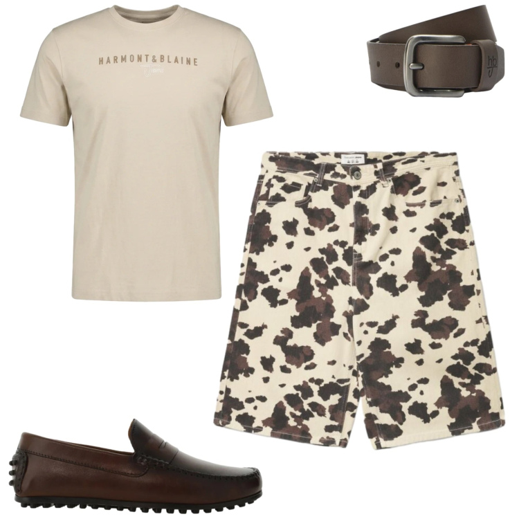 Outfit uomo - Maggio. Stile Casual per Tutti i giorni. Abbinamento con bermuda, scarpe stringate, t-shirt, cinture.
