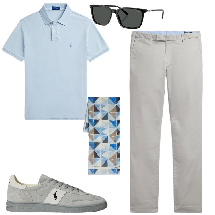 Outfit uomo - Maggio. Stile Urban per Tutti i giorni. Abbinamento con sciarpe, pantaloni, polo, occhiali da sole, sneakers.