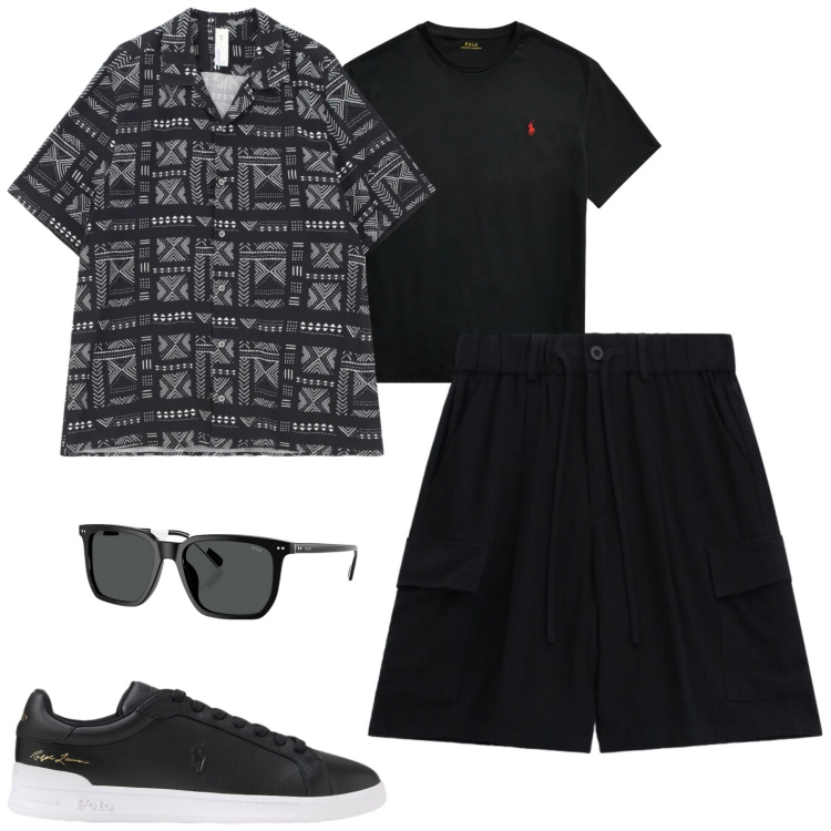 Outfit uomo - Total look #2398290. Stile Casual per Tutti i giorni. Abbinamento con camicie a manica corta, bermuda, occhiali da sole, t-shirt, sneakers.