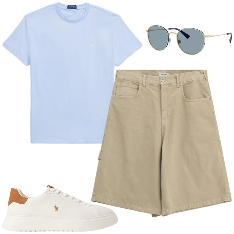 Outfit uomo - Maggio. Stile Casual per Tutti i giorni. Abbinamento con bermuda, t-shirt, sneakers, occhiali da sole.