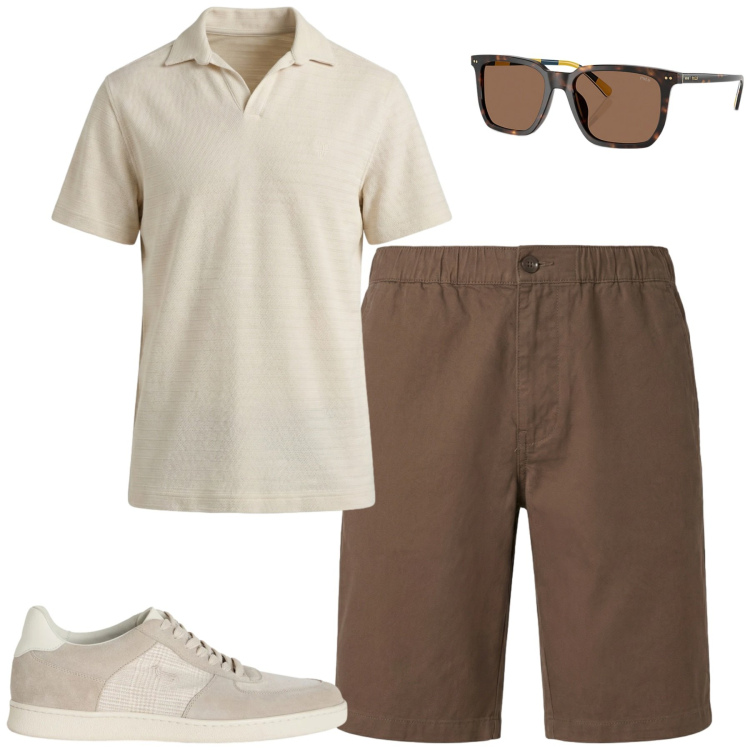 Outfit uomo - City. Stile Casual per Tutti i giorni. Abbinamento con sneakers, polo, bermuda, occhiali da sole.
