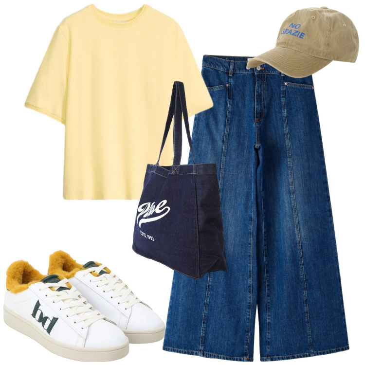Outfit donna - Maggio. Stile Casual per Tutti i giorni. Abbinamento con t-shirt, jeans, shopping bag, sneakers, cappelli con visiera.