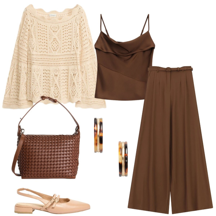 Outfit donna - Tricot. Stile Casual per Tutti i giorni. Abbinamento con maglieria, ballerine, borse a spalla, canottiere, pantaloni a palazzo, orecchini.