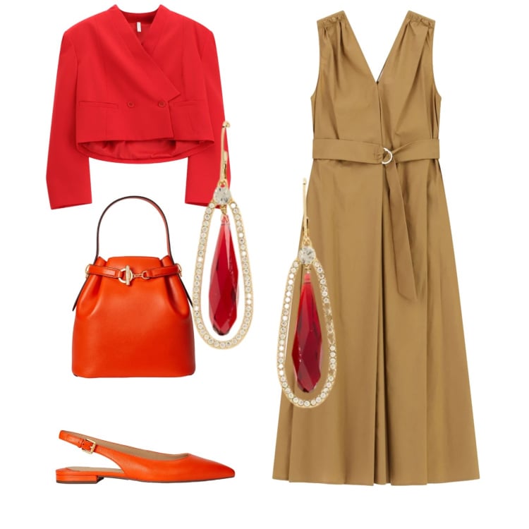 Outfit donna - Total look #2398306. Stile Bon Ton per Ufficio. Abbinamento con blazer, vestiti midi/longuette, ballerine, borse a secchiello, orecchini.
