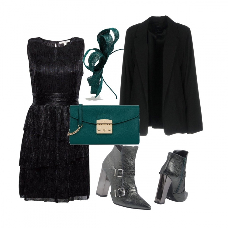 Outfit donna - Festa di carnevale !. Stile Chic per Serata fuori. Abbinamento con giacca, stivali e anfibi, borsa a mano, vestito nero, vestito con fiocco vivace.