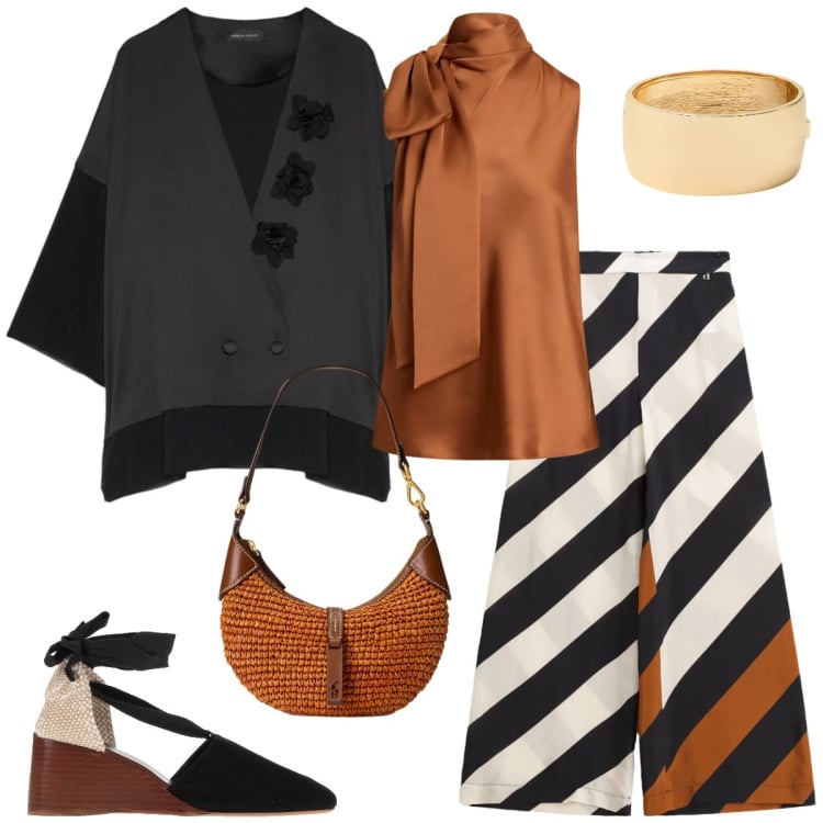 Outfit donna - Un po’ orientale. Stile Etnico per Serata fuori. Abbinamento con décolleté, pantaloni a palazzo, blazer, borse a spalla, braccialetti, bluse.