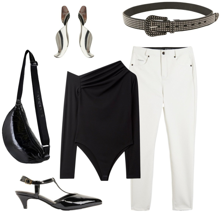 Outfit donna - Luccicante e jeans. Stile Chic per Serata fuori. Abbinamento con décolleté, cinture, body, orecchini, borse a tracolla, pantaloni skinny.