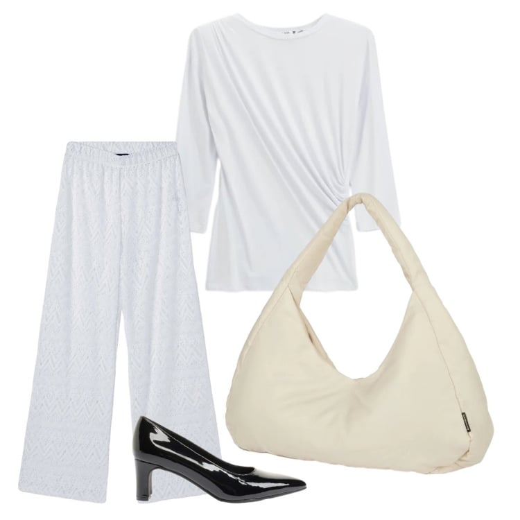 Outfit donna - Eleganza Minimal. Stile Minimal per Ufficio. Abbinamento con décolleté, pantaloni, top, borse a spalla.