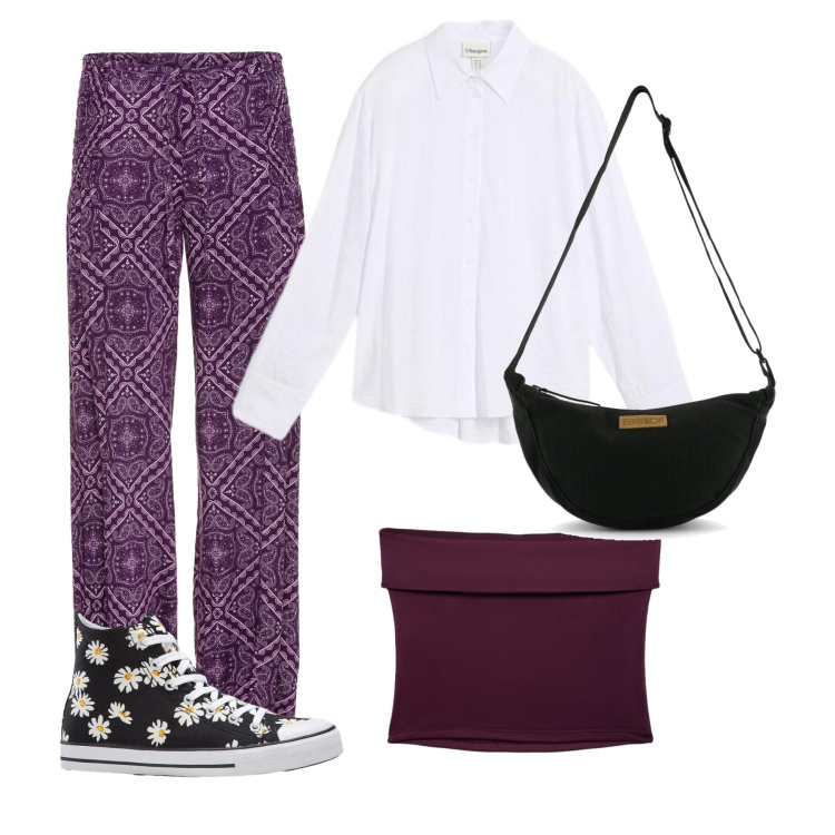 Outfit donna - Purple Street Chic. Stile Romantica per Tutti i giorni. Abbinamento con pantaloni, camicie, sneakers, top, borse a tracolla.