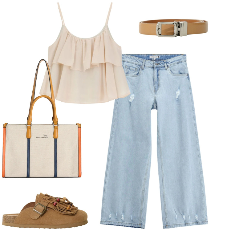 Outfit donna - Total look #2398317. Stile Casual per Tutti i giorni. Abbinamento con borse tote, jeans, top, cinture, sabot.