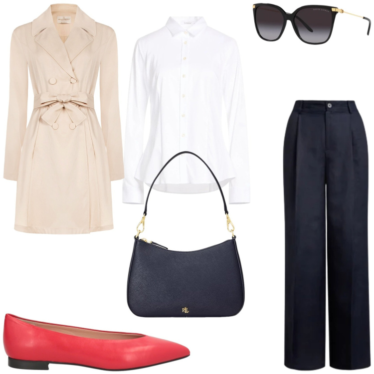 Outfit donna - Copia il look. Stile Chic per Ufficio. Abbinamento con ballerine, camicie, trench, occhiali da sole, borse a spalla, pantaloni.