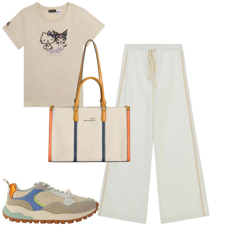 Outfit donna - Total look #2398320. Stile Casual per Tutti i giorni. Abbinamento con borse tote, sneakers, pantaloni a palazzo, t-shirt.