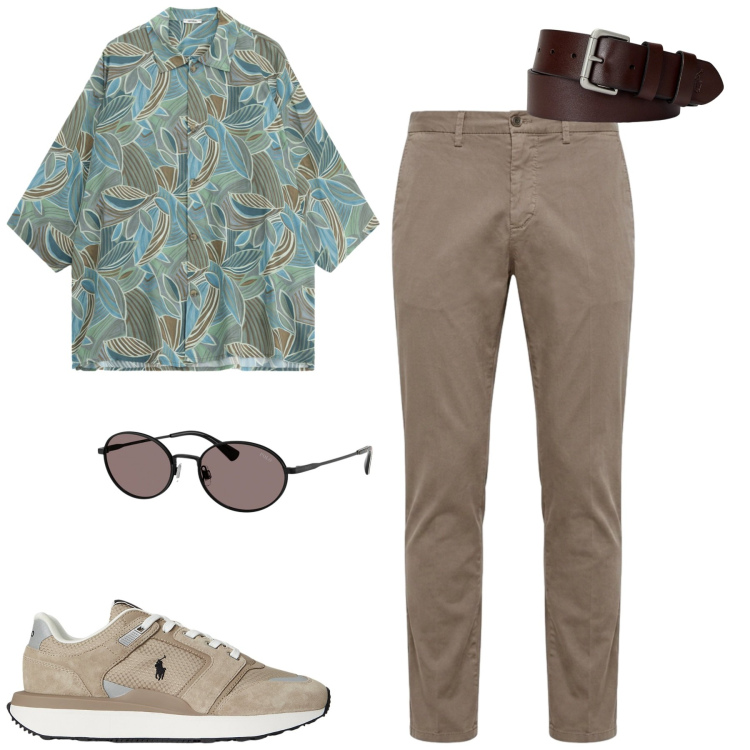 Outfit uomo - Total look #2398322. Stile Trendy per Tutti i giorni. Abbinamento con camicie a manica corta, pantaloni chino, cinture, sneakers, occhiali da sole.