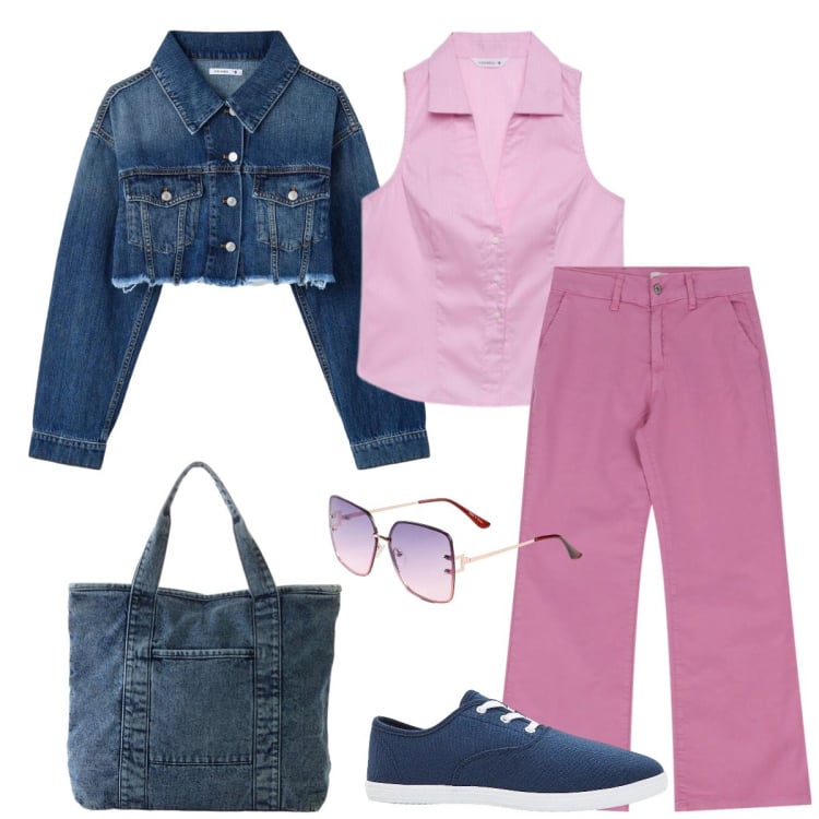 Outfit donna - Malva e jeans. Stile Casual per Tutti i giorni. Abbinamento con sneakers, shopping bag, occhiali da sole, blazer, camicie a manica corta, jeans.