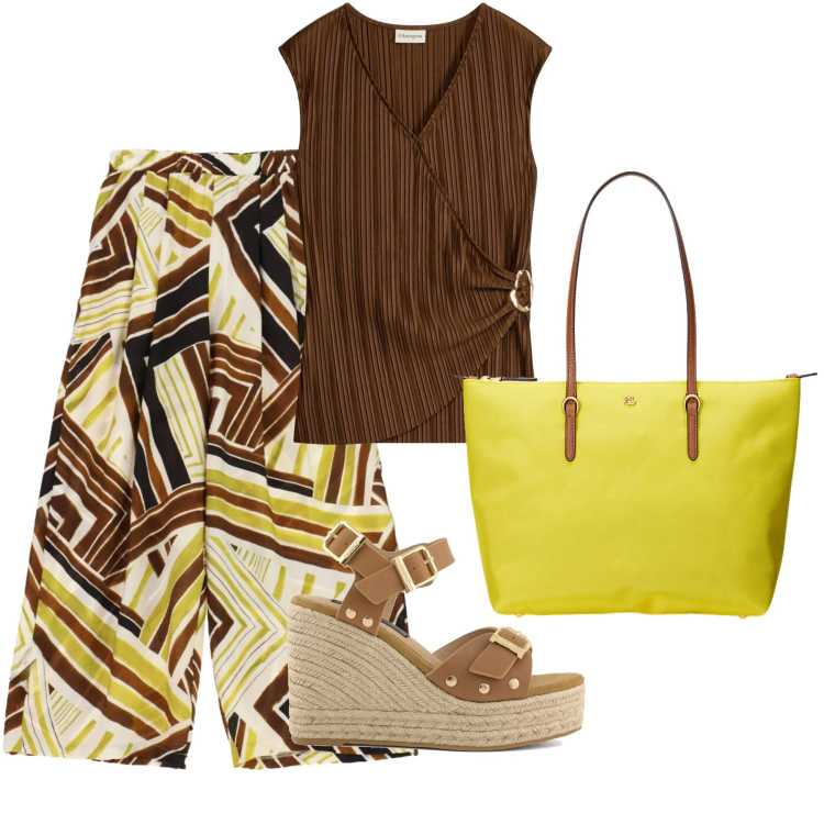 Outfit donna - Earthy Glam: Geometrie Naturali. Stile Etnico per Tutti i giorni. Abbinamento con canottiere, pantaloni a palazzo, borse tote, zeppe.