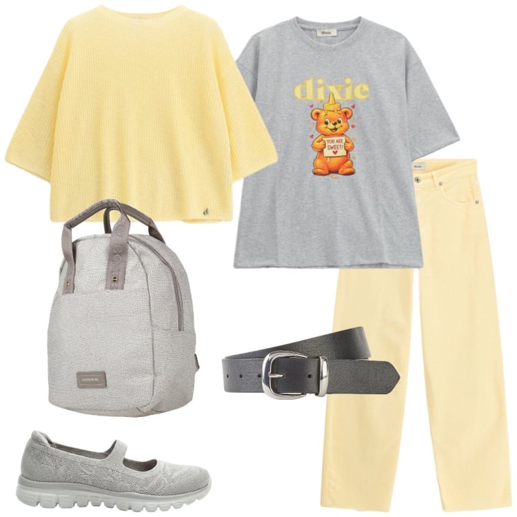 Outfit donna - Università. Stile Casual per Scuola/Università. Abbinamento con zaini, cinture, ballerine, maglieria, jeans, t-shirt.