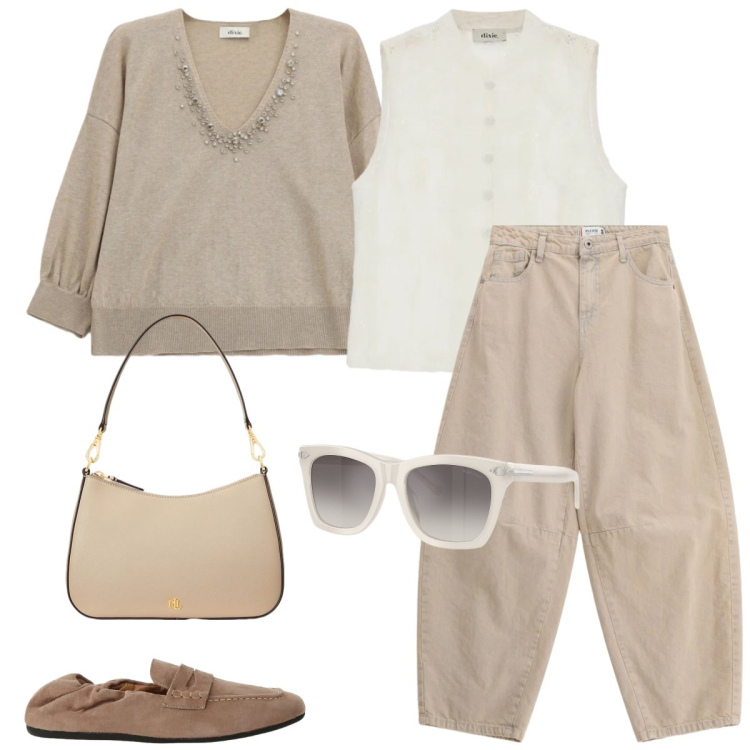 Outfit donna - Toni neutri. Stile Casual chic per Tutti i giorni. Abbinamento con jeans, maglieria, mocassini, top, borse a spalla, occhiali da sole.