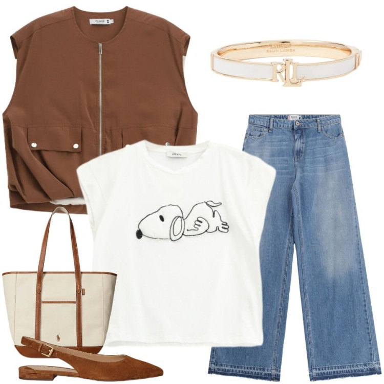 Outfit donna - Total look #2398331. Stile Casual chic per Ufficio. Abbinamento con jeans, gilet, t-shirt, borse tote, braccialetti, ballerine.
