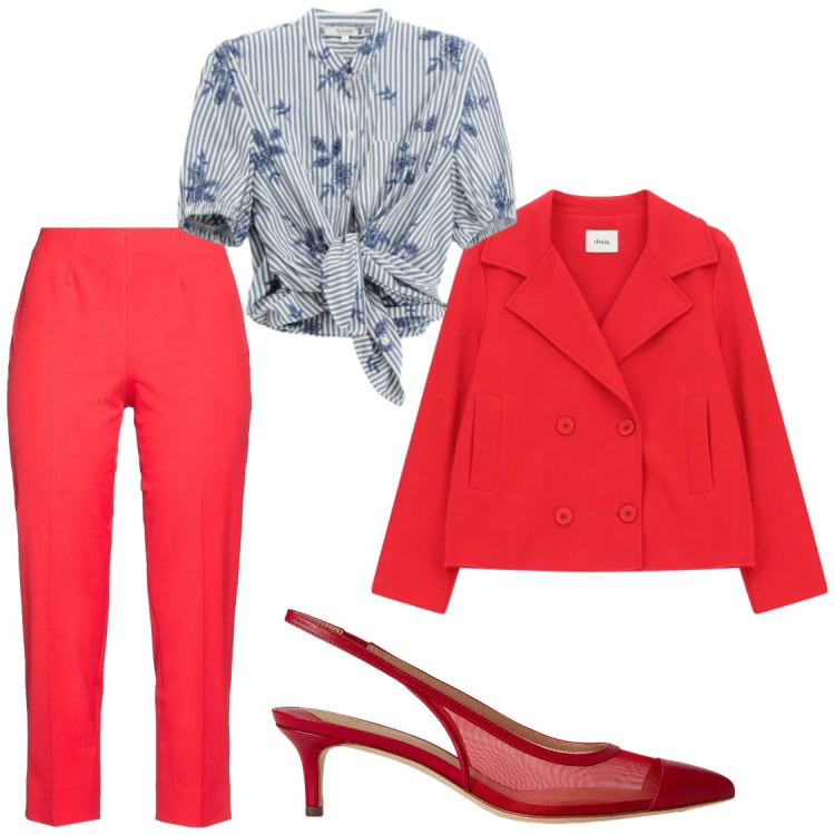 Outfit donna - Total look red. Stile Bon Ton per Serata fuori. Abbinamento con pantaloni, camicie a manica corta, blazer, décolleté.