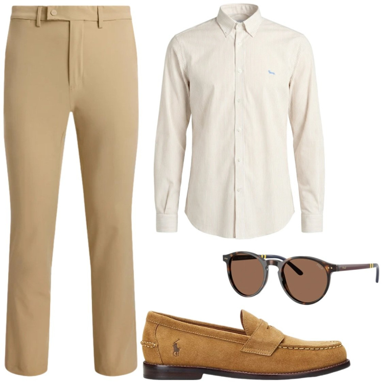 Outfit uomo - Eleganza in Beige e Tabacco. Stile Business/Elegante per Ufficio. Abbinamento con camicie, scarpe stringate, occhiali da sole, pantaloni.
