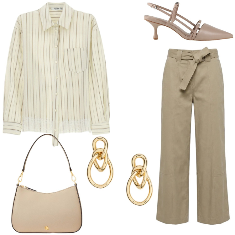 Outfit donna - I pantaloni da stringere in vita. Stile Chic per Tutti i giorni. Abbinamento con décolleté, pantaloni, camicie, borse a spalla, orecchini.