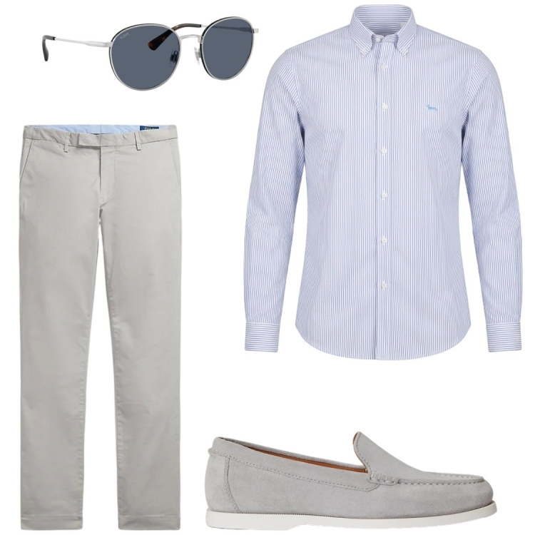 Outfit uomo - Fresh Blue & Grey: Eleganza Urbana. Stile Business/Elegante per Ufficio. Abbinamento con camicie, pantaloni, occhiali da sole, scarpe stringate.