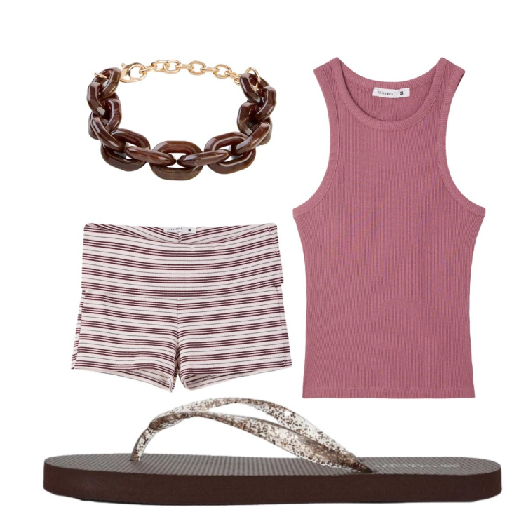 Outfit donna - Passeggiata al mare. Stile Sporty chic per Mare. Abbinamento con braccialetti, canottiere, shorts, infradito.