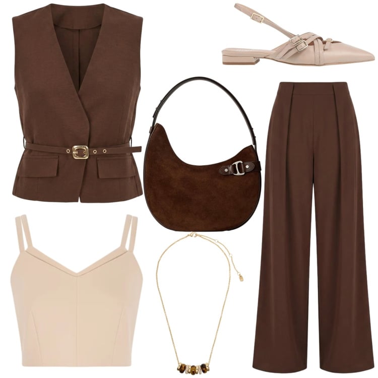 Outfit donna - Punto vita protagonista. Stile Chic per Tutti i giorni. Abbinamento con ballerine, gilet, pantaloni a palazzo, top, collane, borse a spalla.