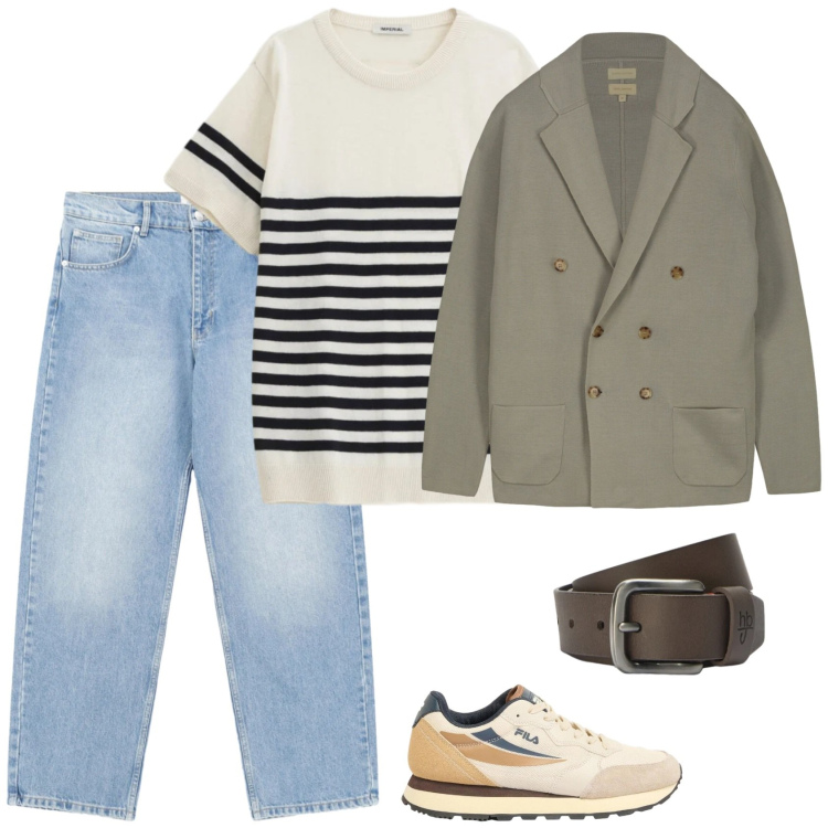 Outfit uomo - In giro per pub. Stile Trendy per Serata speciale. Abbinamento con sneakers, maglieria, jeans, cinture, cardigans.