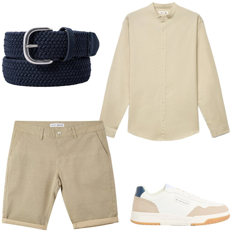 Outfit uomo - Sabbia e Blu Navy. Stile Casual per Serata speciale. Abbinamento con sneakers, pantaloni corti, camicie, cinture.