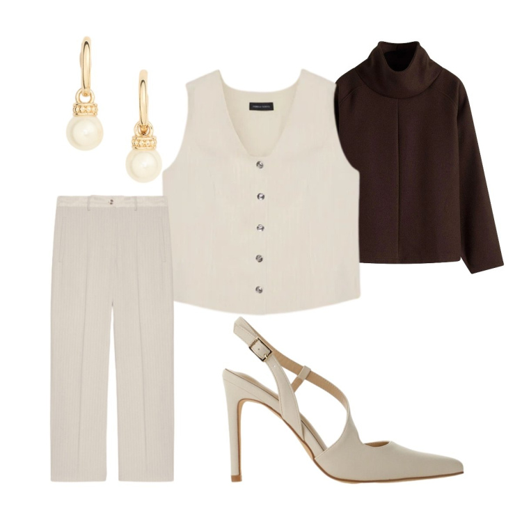 Outfit donna - Maggio. Stile Mannish per Ufficio. Abbinamento con maglieria, décolleté, pantaloni, gilet, orecchini.