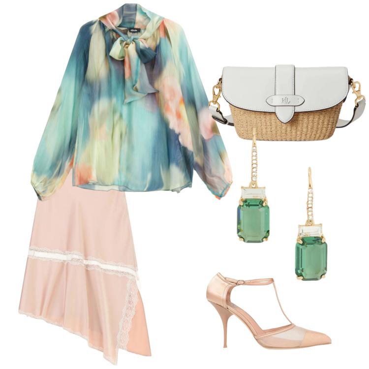 Outfit donna - Un caffè al centro. Stile Chic per Tutti i giorni. Abbinamento con décolleté, gonne longuette, bluse, borse a spalla, orecchini.