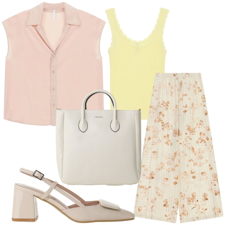 Outfit donna - Look da aperitivo primaverile. Stile Glamour per Tutti i giorni. Abbinamento con pantaloni a palazzo, borse a tracolla, décolleté, canottiere, camicie a manica corta.