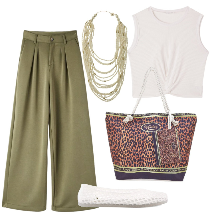 Outfit donna - Primavera in Roviera. Stile Casual chic per Tutti i giorni. Abbinamento con pantaloni, canottiere, collane, shopping bag, ballerine.
