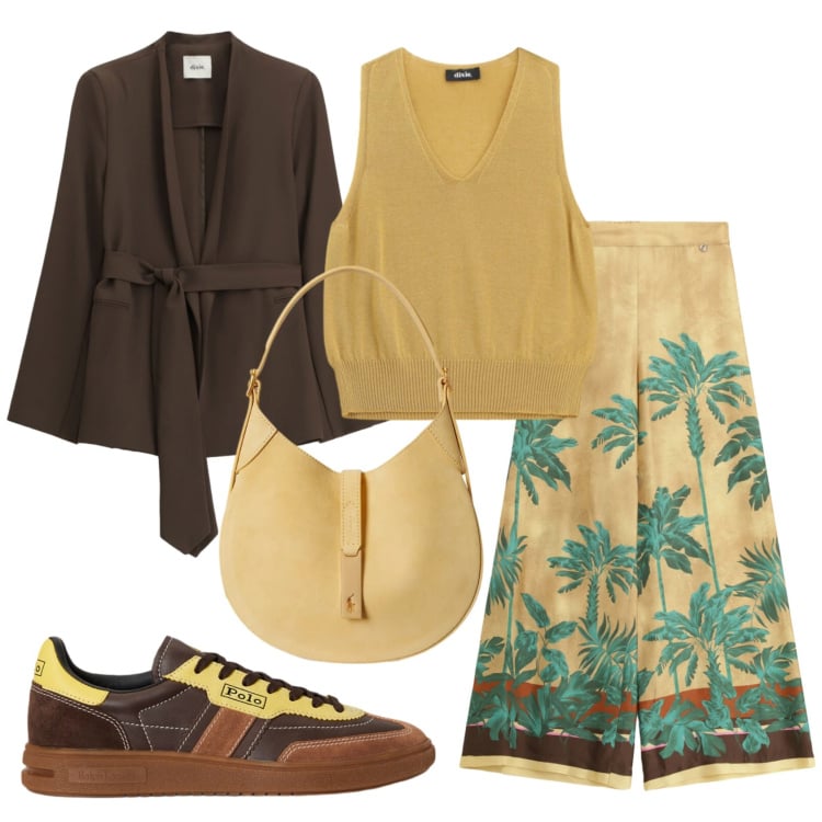 Outfit donna - Total look #2398356. Stile Etnico per Tutti i giorni. Abbinamento con top, pantaloni a palazzo, blazer, sneakers, borse a spalla.