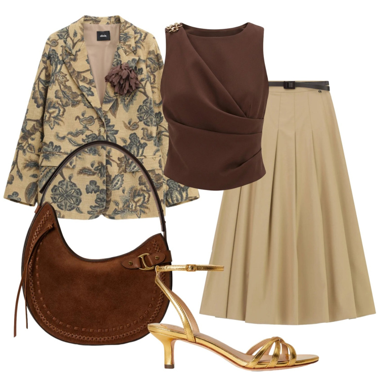 Outfit donna - Total look #2398358. Stile Vintage retrò per Cerimonia. Abbinamento con top, gonne lunghe, blazer, sandali in pelle, borse a spalla.