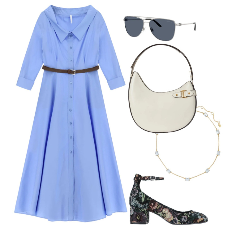 Outfit donna - Lavanda love. Stile Chic per Tutti i giorni. Abbinamento con décolleté, vestiti chemisier, borse a spalla, collane, occhiali da sole.