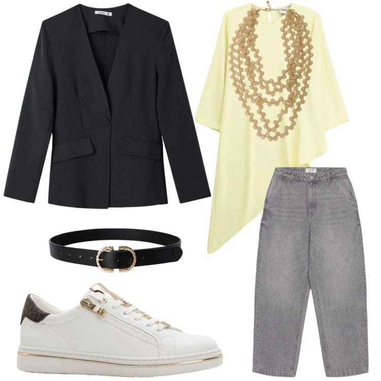 Outfit donna - Apericena. Stile Basic per Serata fuori. Abbinamento con sneakers, jeans dritti, cinture, blazer, collane, bluse.