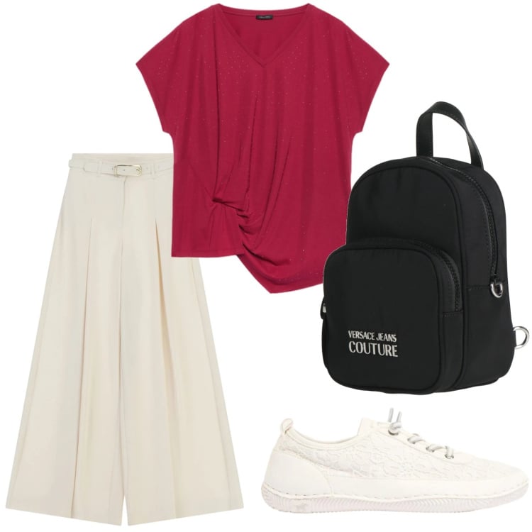 Outfit donna - Pantaloni palazzo e t-shirt. Stile Trendy per Scuola/Università. Abbinamento con zaini, sneakers, pantaloni a palazzo, t-shirt.