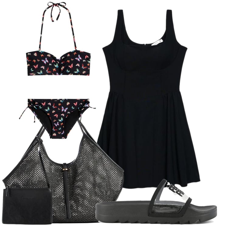 Outfit donna - Total look #2398368. Stile Basic per Mare. Abbinamento con bikini, shopping bag, vestiti, ciabatte.